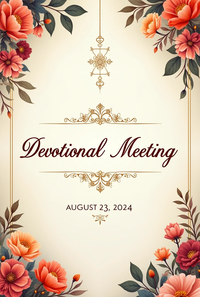 Make a flowery invitation with a title : Devotional Meeting, dated August 23, 2024