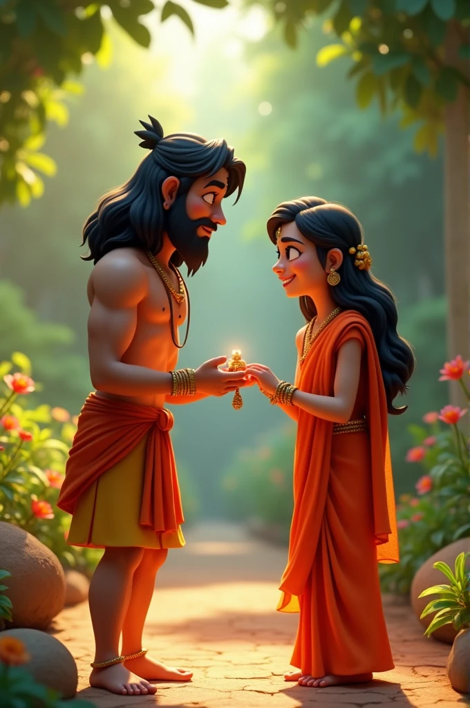 In cinematic 3d cartoon style "**Hanuman Finding Sita in Ashoka Vatika**: Hanuman, in his smaller, more humble form, meeting Sita in the lush and vibrant Ashoka Vatika garden. Sita should look hopeful and relieved, while Hanuman offers her Rama’s ring."