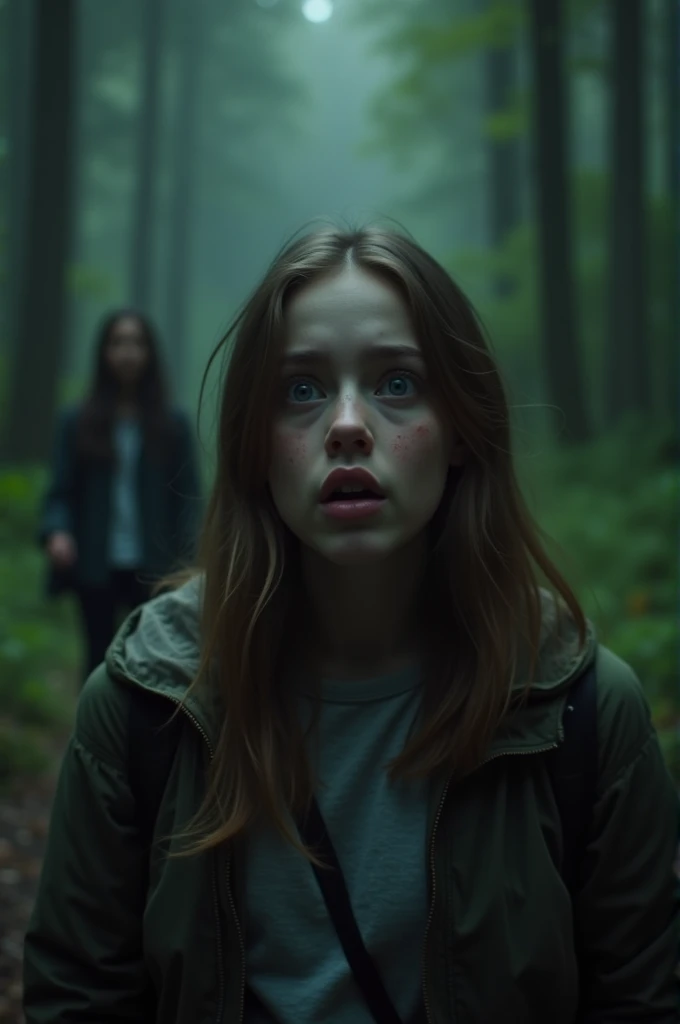 A medium shot of one of the teenagers, Sarah, as she suddenly stops in her tracks. Her face is pale, and her eyes are wide with fear as she hears a faint, childlike giggle coming from somewhere deep within the forest. The other teenagers are slightly out of focus in the background, unaware of what Sarah has just heard.