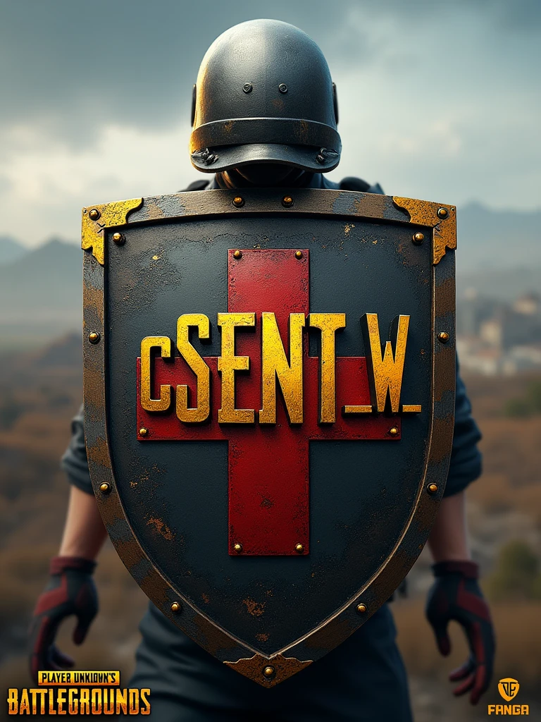 faça um logotipo inspirado no jogo PLAYER UNKNOWN BATTLEGROUND, make a landscape of the ERANGEL map, and in the foreground there was a Swiss shield, in the middle, on the first line, letters, "CSENT" In gold, on the second line "w" em black piano, on the third line "BATTLEGROUND" em black piano, and put the edges of the shield with golden details, and place a level 3 helmet on top of the shield.