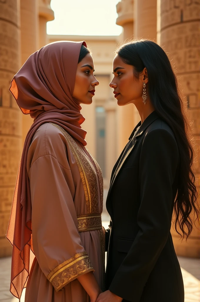 create a photo where camila cabello is wearing a hijab and an egyptian tunic and lauren jauregui wearing a women's suit, both 50 years old.