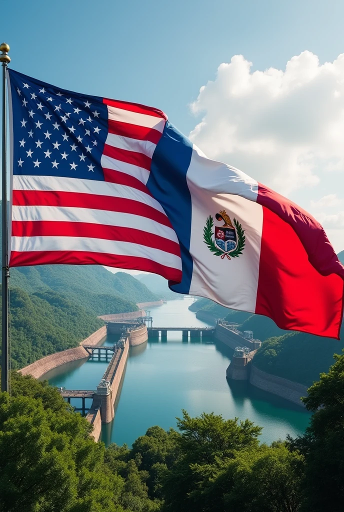 The us flag and Panamanian flag combined with the canal in the background