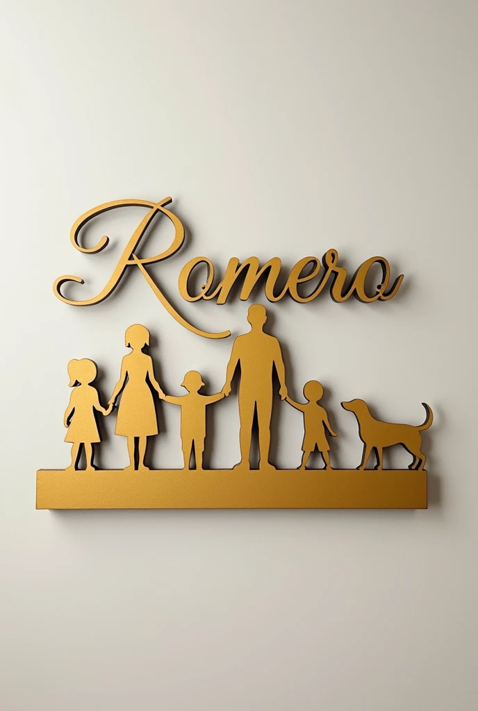 Make a sign that says: Romero Virguez family, in gold with cursive lettering and a family silhouette of a girl, mother, dad, baby and dog.