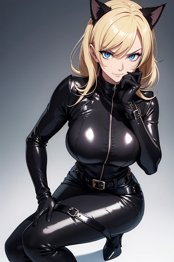 Create an image of a gender-swapped Sanji from One Piece, reimagined as a sleek and seductive Catwoman. She has her signature blonde hair, but it's mostly hidden beneath a form-fitting, black cat-suit, with a few loose strands framing her face. Her bright blue eyes are sharp and mysterious, accentuated with dark eyeliner and reflecting a mischievous, feline charm. She is dressed in a tight, black, leather-like bodysuit that emphasizes her athletic and curvaceous figure, embodying the iconic Catwoman look: Suit: A glossy, black leather-like catsuit that clings to her body, showcasing her curves and toned physique. The suit is detailed with seams, zippers, and subtle, reinforced panels, adding texture and depth. The neckline is daring but tasteful, and the suit includes built-in gloves that extend to her wrists. Belt: A utility belt cinches her waist, equipped with pouches and tools necessary for a master thief. The belt is sleek and functional, with a silver buckle that catches the light, adding a touch of contrast to the dark outfit. Footwear: High-heeled, knee-high boots that match the material of the catsuit. The boots are sleek and polished, with pointed toes and a sharp heel, designed for both style and agility. Mask: A black, cat-like mask that covers the upper half of her face, leaving her striking blue eyes visible. The mask is designed with subtle cat ears on top, giving her a playful yet dangerous look. Accessories: A whip, coiled and attached to her belt, and possibly a few other stealthy tools or gadgets. She might also wear a pair of sleek, black goggles resting on her head, ready to be pulled down when needed. Sanji’s posture is confident and feline, perhaps with one hand resting on her hip and the other holding the whip or adjusting her mask. Her expression is a mix of allure and cunning, with a sly smile that hints at her mischievous nature. Every detail, from the shine of the leather to the subtlety of the mask, is rendered with precision. The ima