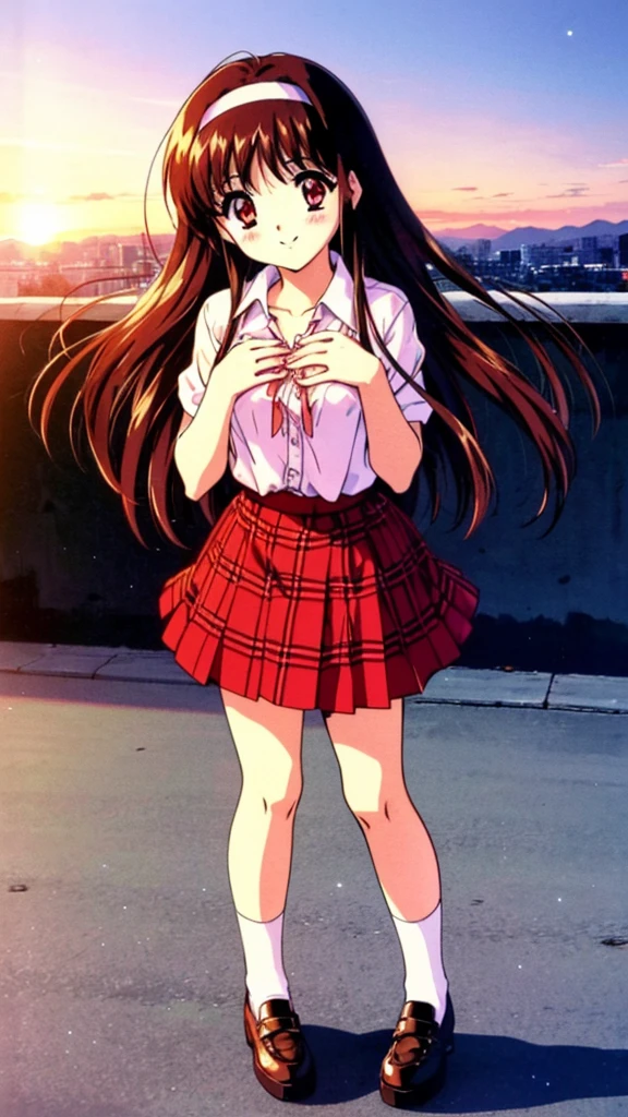 Yuki Mizuho, One person, a woman, Long Hair, hair band, Brown Hair, Red eyes, skirt, Red eyes, Plaid, Striped, ribbon, Plaid skirt, shoes下, shoes, retro artstyle, red skirt masterpiece, 1990s (style), expensive quality, very_expensive_solve, big_file size, Full Color, blush, Cute Smile Open your mouth, Are standing,(Winter Night、With the sunset and the fence behind、Receiving a confession on the school rooftop。I got closest to that smile:1.1), (Place your hands on your chest:1.3), Two Arms, (cinematic angle:1.1),