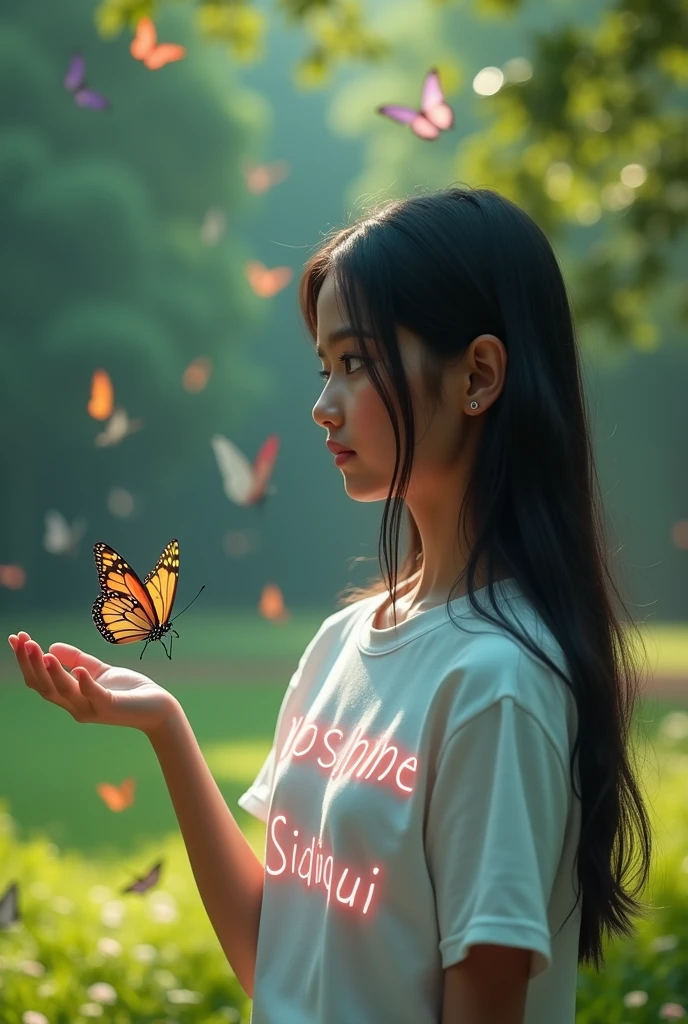 a real indian  illusion a girl  standing a park place  wear a  white  t shirt a butterfly on girl hand name "Noshine Siddiqui"  wriiten in t shirt  with white neon fonts he is looking the butterfly shocked background full butterfly  8k quility support