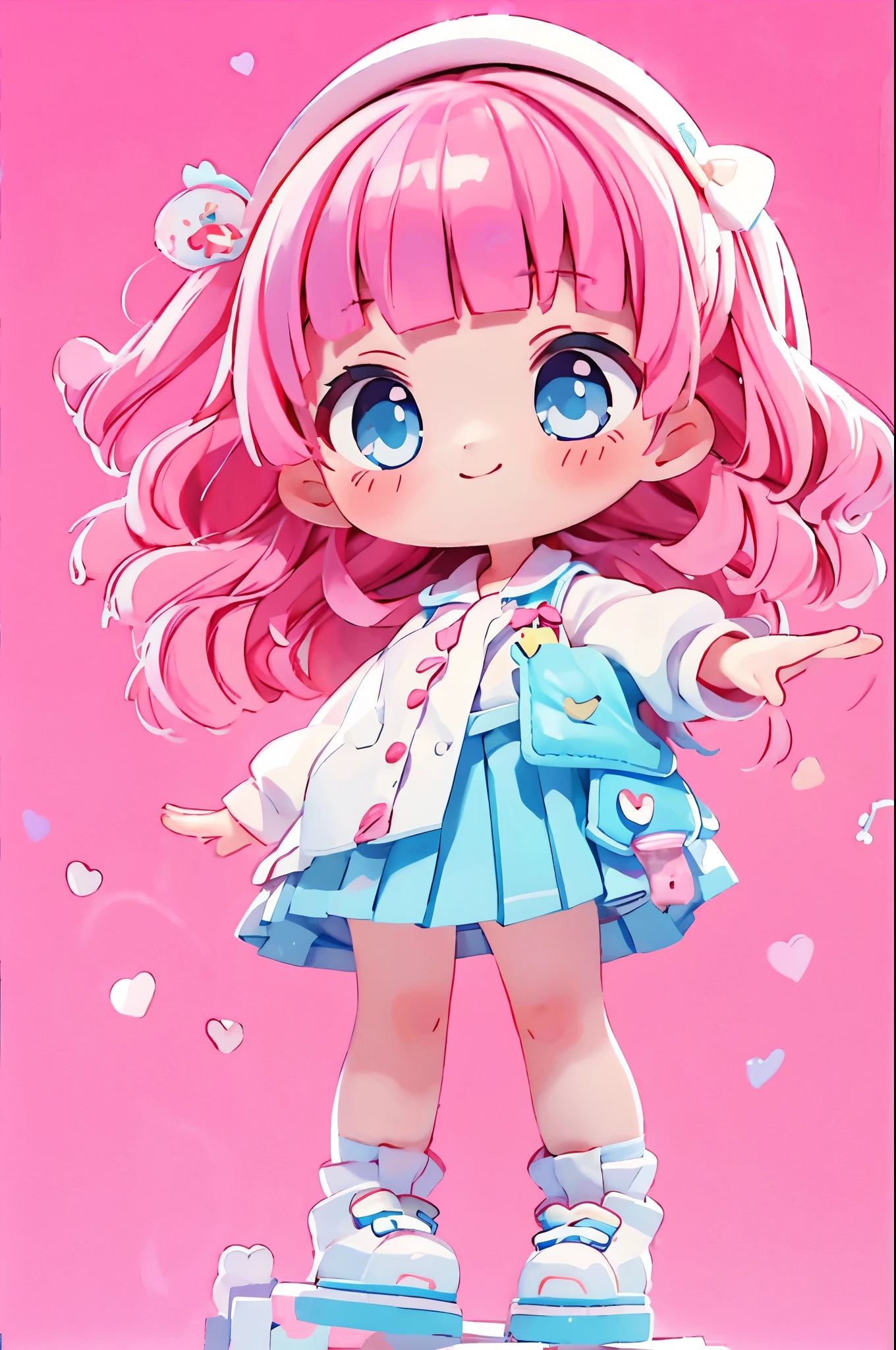 high resolution,smile,woman,woman1人,adult,Clear,cute,
chibi,
blunt bangs,wavy hair,Pink Hair,BREAK,
Light blue eyes,BREAK,
high school girl,uniform,White shirt,Pink checkered pleated skirt,BREAK,
ハートのヘアピンBREAK,
Facing forward,BREAK,Pink background,