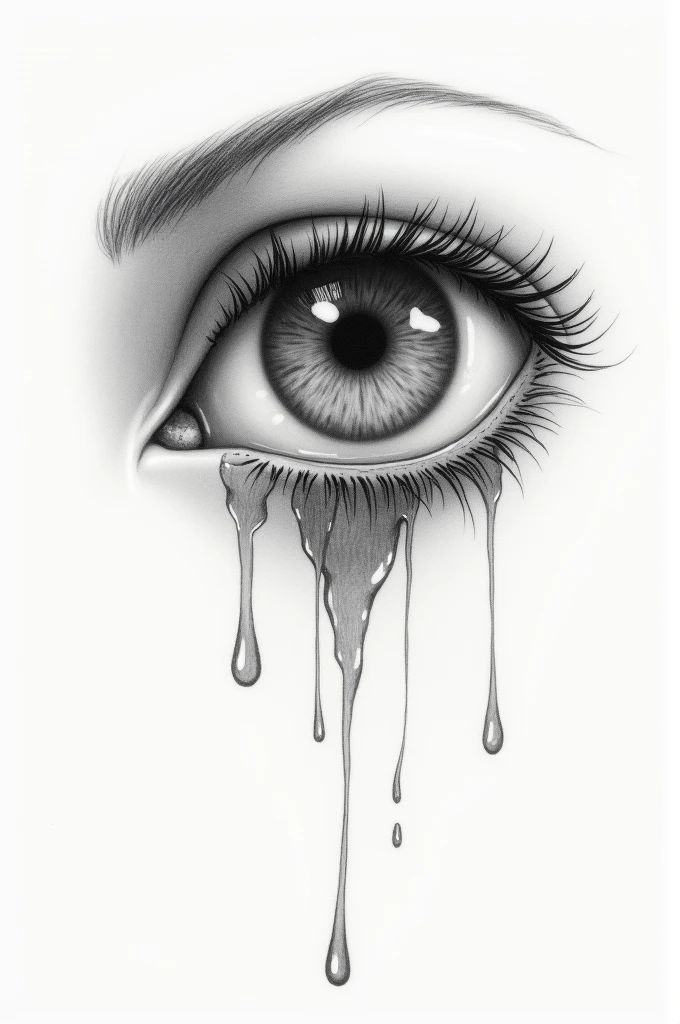 Pencil drawing ,On a white sheet of paper, a drawing of a sad, dejected eye with tears overflowing from it, with a heart-shaped pupil and long eyelashes.