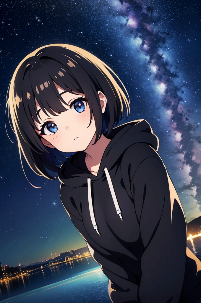 Beautiful night sky、Flowing stars、One Woman、Black hoodie、Backwards、Bob Hair、Moonlight reflection、Far-field perspective