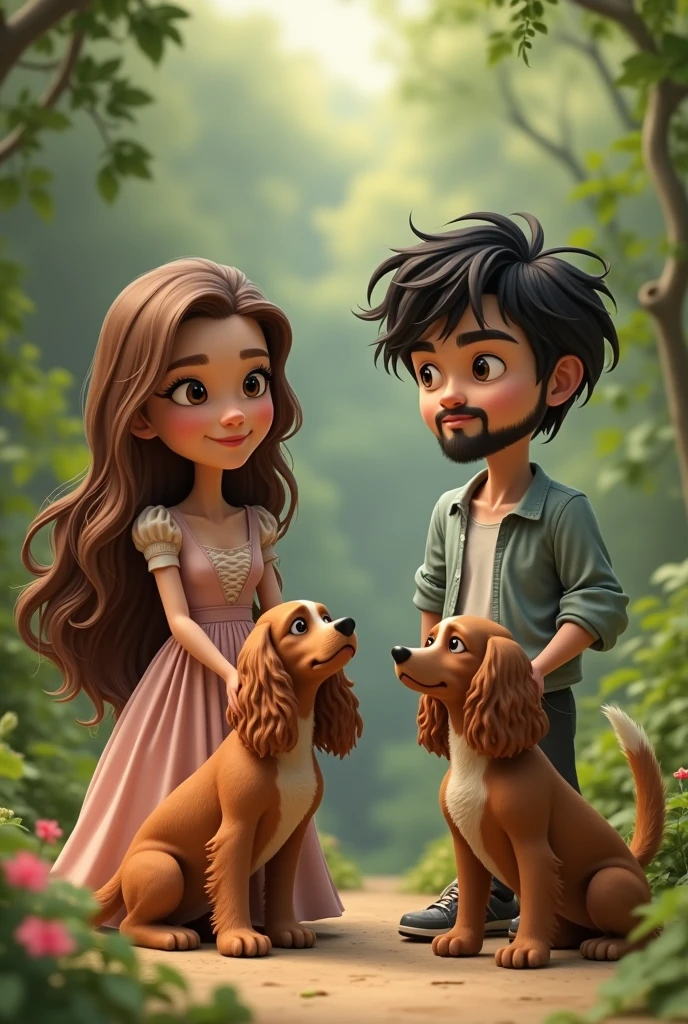 Long brown haired woman with a cocker spaniel and a man with messy black hair and no facial hair with a Pincher at his side 