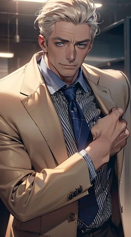(best quality,4k,8k,highres,masterpiece:1.2),ultra-detailed,(realistic,photorealistic,photo-realistic:1.37),1 man,3,mature man,very handsome,without expression,smile,short grey golden hair,blue eyes,penetrating gaze,perfect face without errors,imposing posture,businessman,office background,cinematic lighting,hdr image