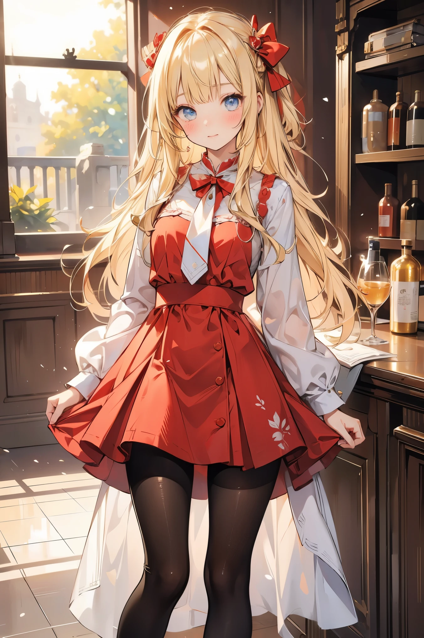 (masterpiece, best quality), 1girl, blonde hair, red dress, pantyhose, cute face, blush,