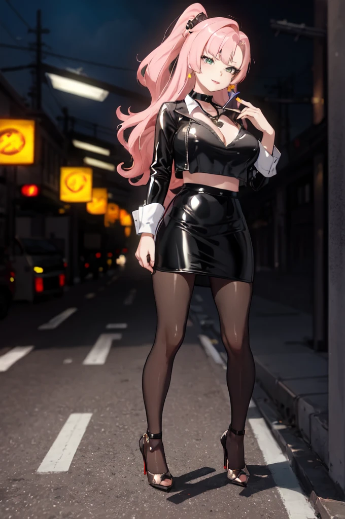 Masterpiece, top quality, best quality, official art, beautiful and aesthetic, anime, 1girl,extremely detailed, colorful, more detailed ((ultra-detailed)), (highly detailed CG illustration),Best Quality, High resolution, Unity 8k Wallpaper, (Illustration:0.8), (Beautiful detailed eyes:1.6), extra detailed face, Perfect Lighting, extremely details CG, (Perfect hands, Perfect Anatomy),city,street,night,wet road,reflections,lights,red long hair, cat ears,ponytail,blue eyes, barrette,black choker,earrings,skinny fit,medium breast,police, police uniform, full body shot, in middle of street.