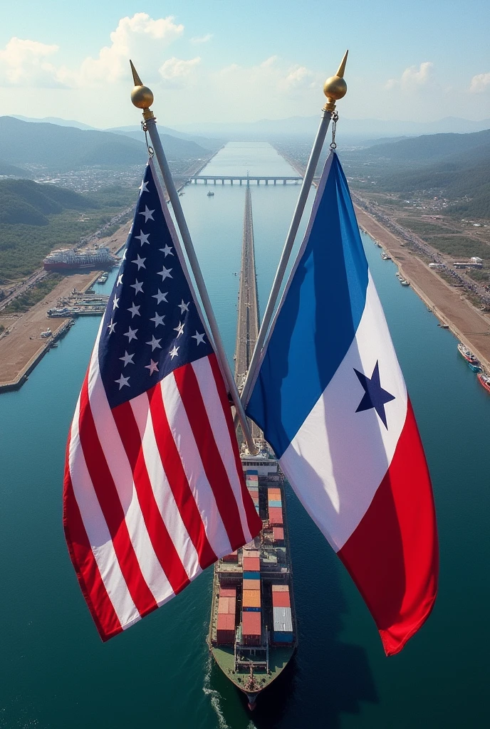 The us flag and Panamanian flag combined with the panama canal in the background 
