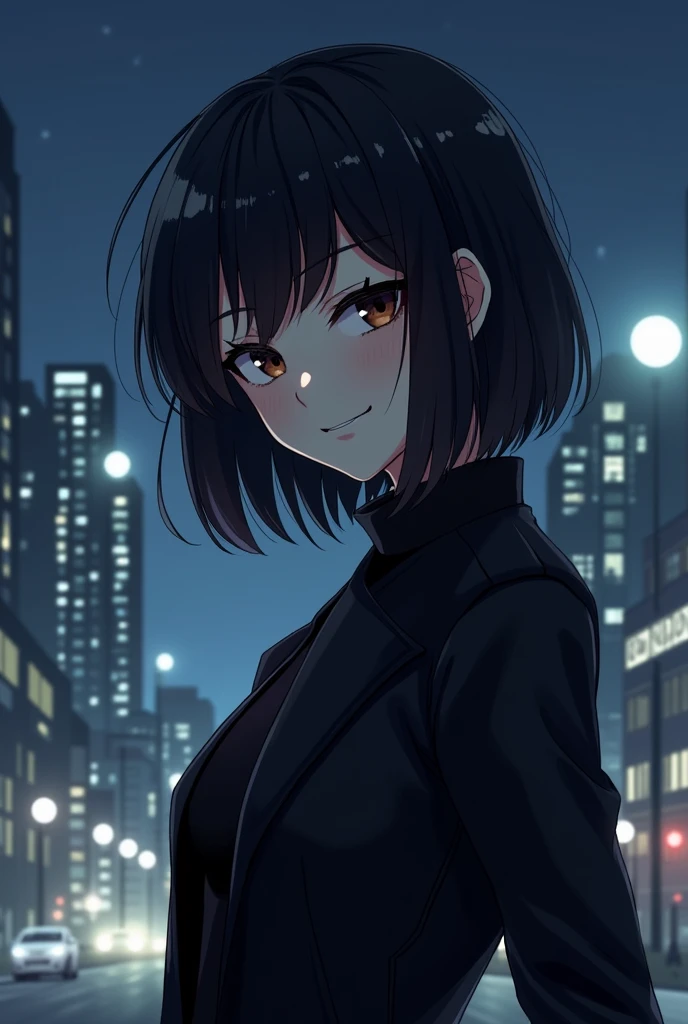 make me an anime character genre:female skin:white hair: black background:city at night pose:waving with mischievous eyes clothes:black jacket Only half of the body can be seen And the character can be seen much more than the city Brown eyes
