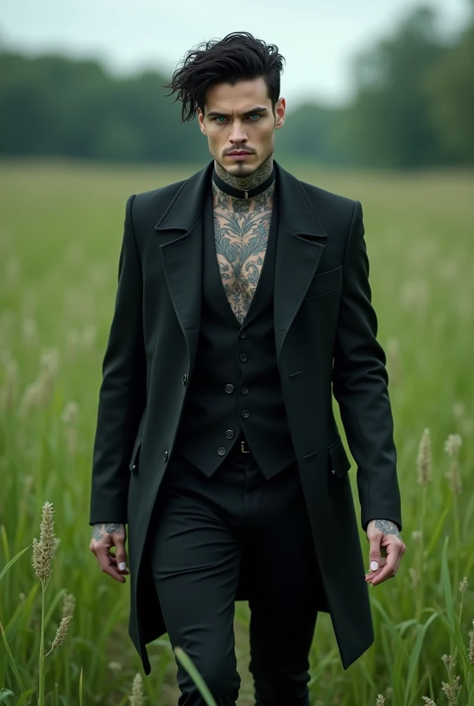 ((a man of 30, tatuados, Wearing Gothic clothes, with blue eyes, similar to Andy Black from the band )),((hyperheal)) posing like a model, ((no tattoo on face)). ((Full body walking in a field)).