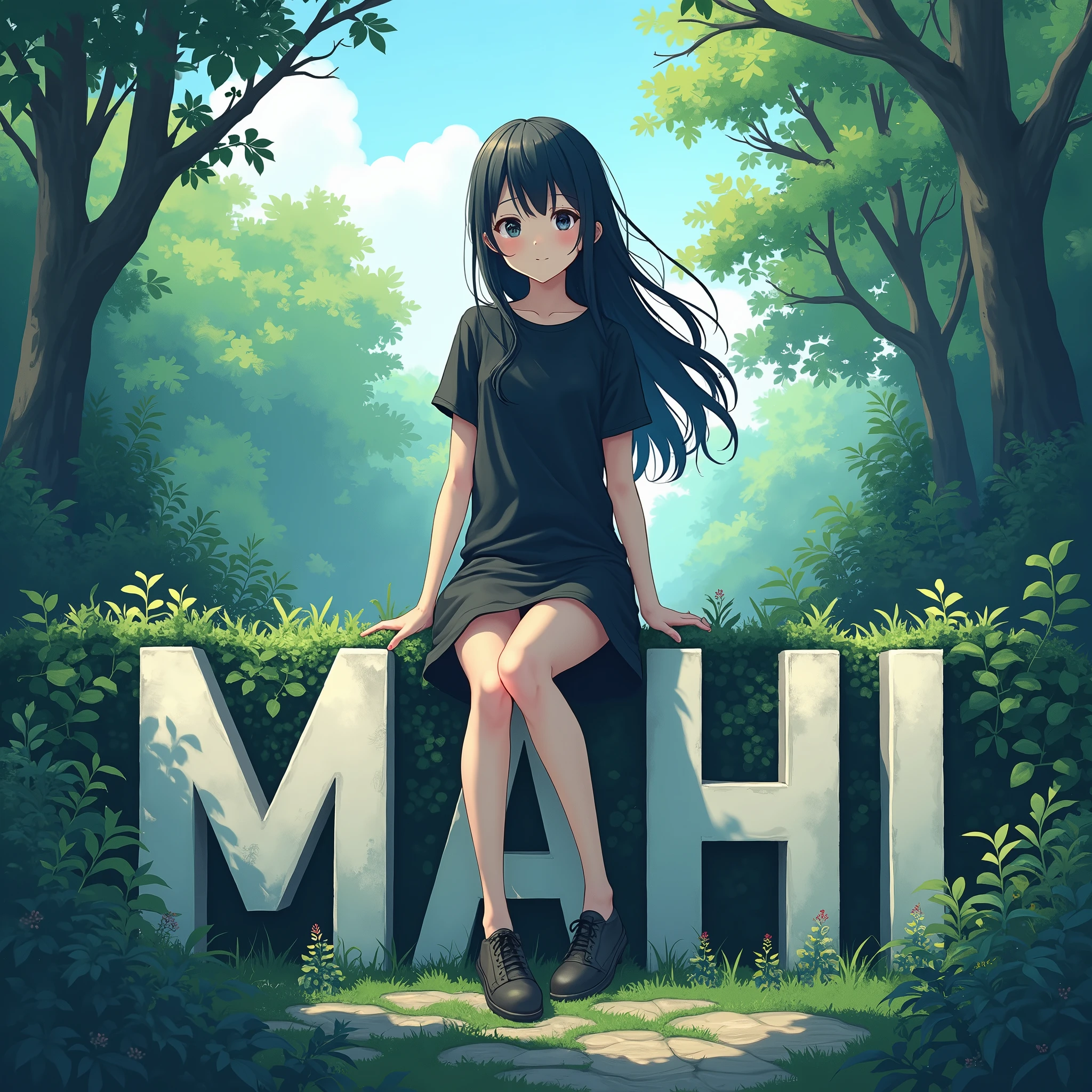 a anime style  girl wearing black tshirt, and black skirt. she has a black hair. and she sitting on the large capital text "(MAHI)". And behind nature Background. Vibrant, 4k, ULTRA HIGH, UHD.