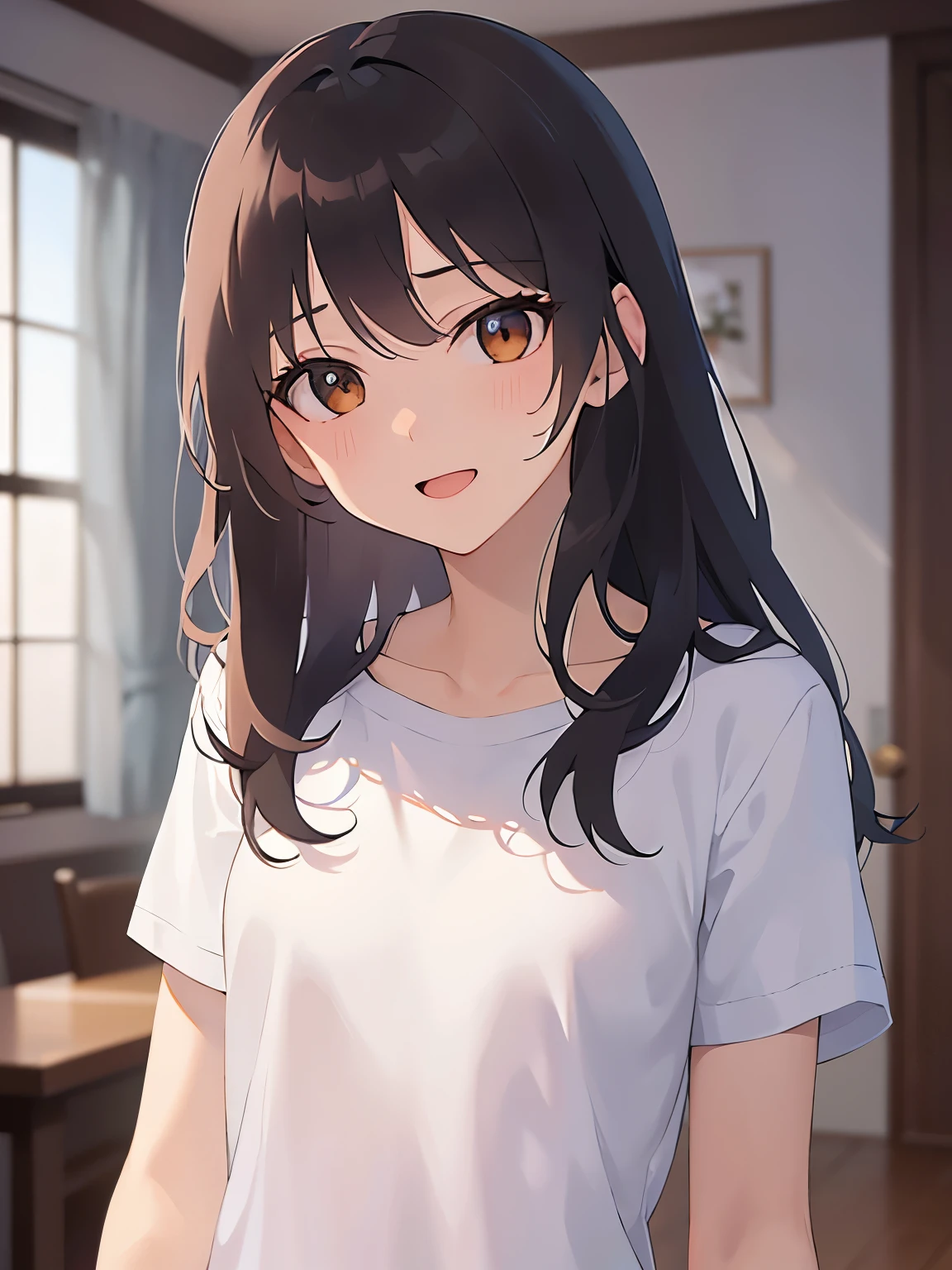 thin arms、emaciated, (scrawny:1.3), (small:1.5) and (breasts)、Upper Body, Highest quality、masterpiece、(A 25-year-old woman with medium-length hair and bangs) and (wavy hair) and (brown hair) and (orange eyes) , Wearing a white T-shirt 、smile, open mouth, The background is the living room、Alone、Are standing、