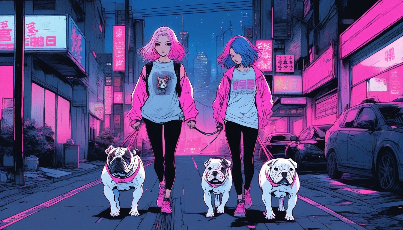 Illustrator, anime , Realistic ,sketch , City、One woman walking with a cute puppy bulldog, lip, nail、T-shirt,order,Textured Trim, (masterpiece,Highest quality) , Neon Hair,Textured Trim, Canadian, (masterpiece,Highest quality) Cancer,night、Dark Eyes,