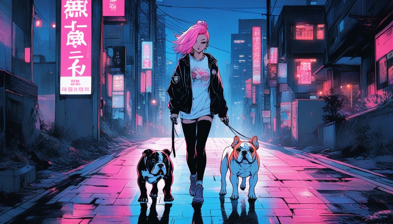 Illustrator, anime , Realistic ,sketch , City、One woman walking with a cute puppy bulldog, lip, nail、T-shirt,order,Textured Trim, (masterpiece,Highest quality) , Neon Hair,Textured Trim, Canadian, (masterpiece,Highest quality) Cancer,night、Dark Eyes,