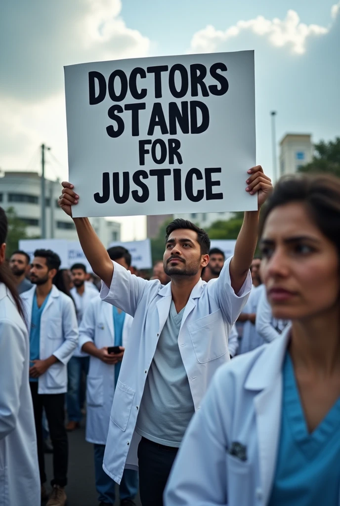 Design a powerful and emotionally charged banner capturing the intensity of doctors protesting against a medical college rape case. The scene should feature doctors in white coats holding bold protest signs demanding justice, with a tense and determined atmosphere. The setting is outside a medical college with a large, diverse group of protesters unified in purpose. The background has a slightly cloudy sky, enhancing the somber and urgent mood. Text on the banner should read: 'Doctors Stand for Justice' in bold, impactful letters."