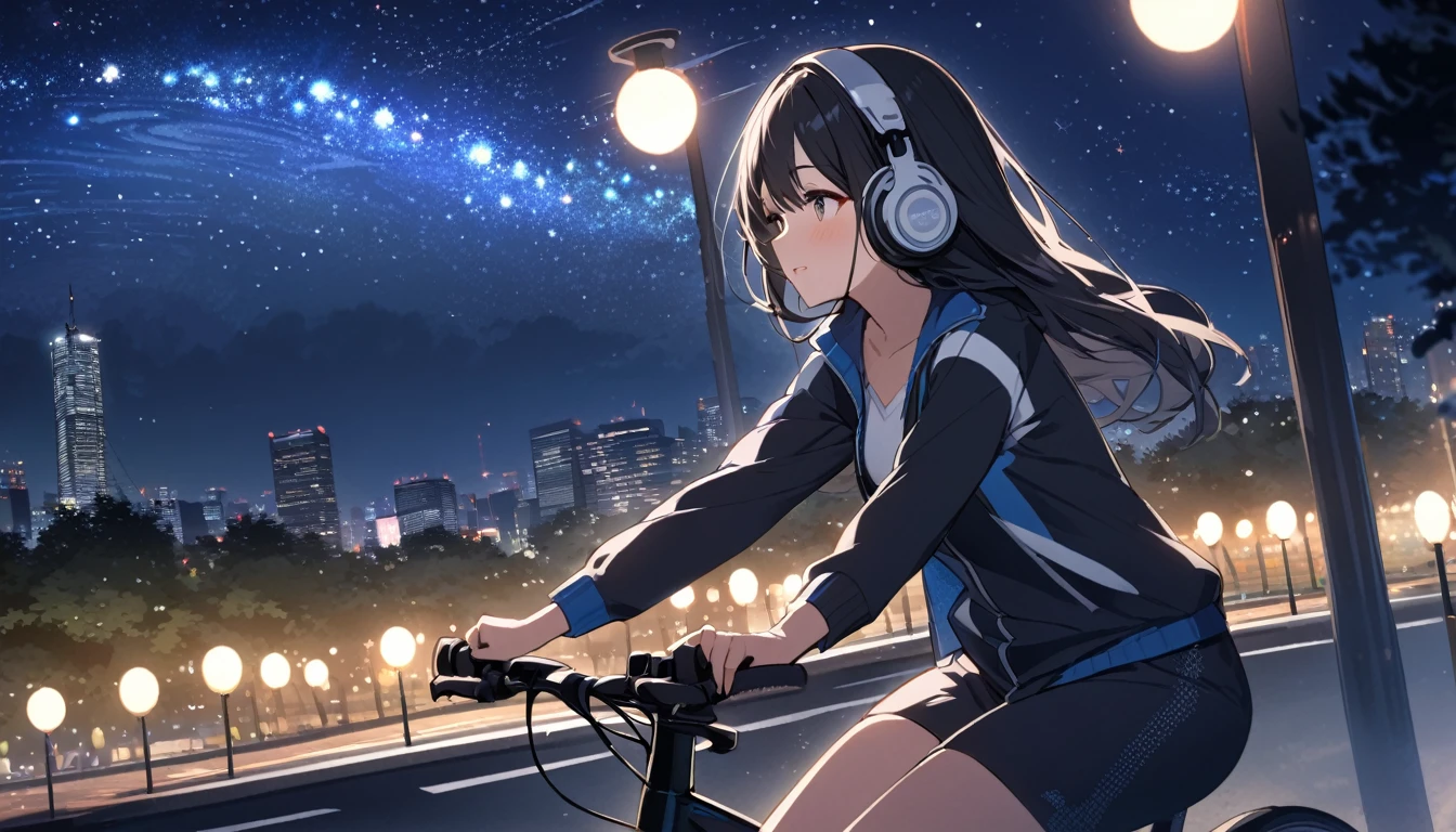 a beautiful young japanese woman with long black hair cycling through a park in tokyo at night, starry night sky, cityscape, listening to music