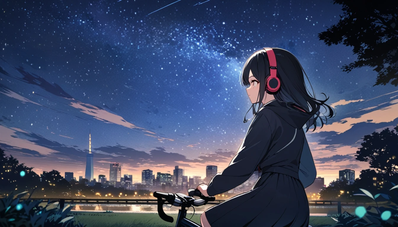 a beautiful young japanese woman with long black hair cycling through a park in tokyo at night, starry night sky, cityscape, listening to music