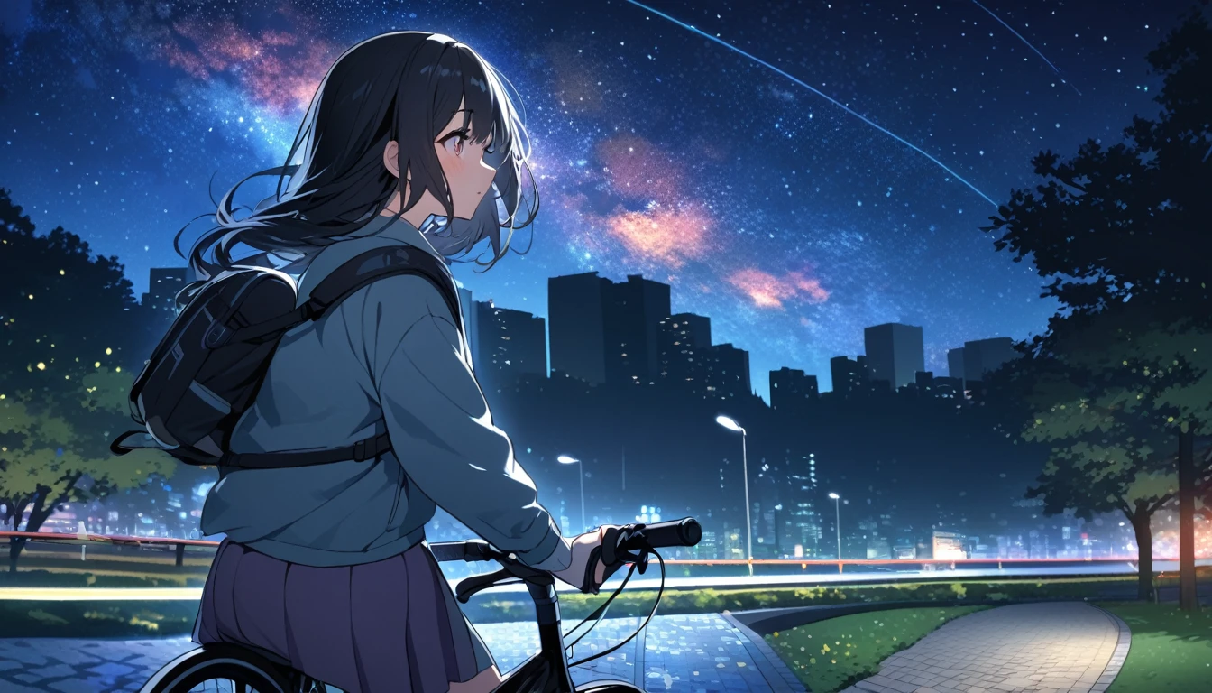 a beautiful young japanese woman with long black hair cycling through a park in tokyo at night, starry night sky, cityscape, listening to music