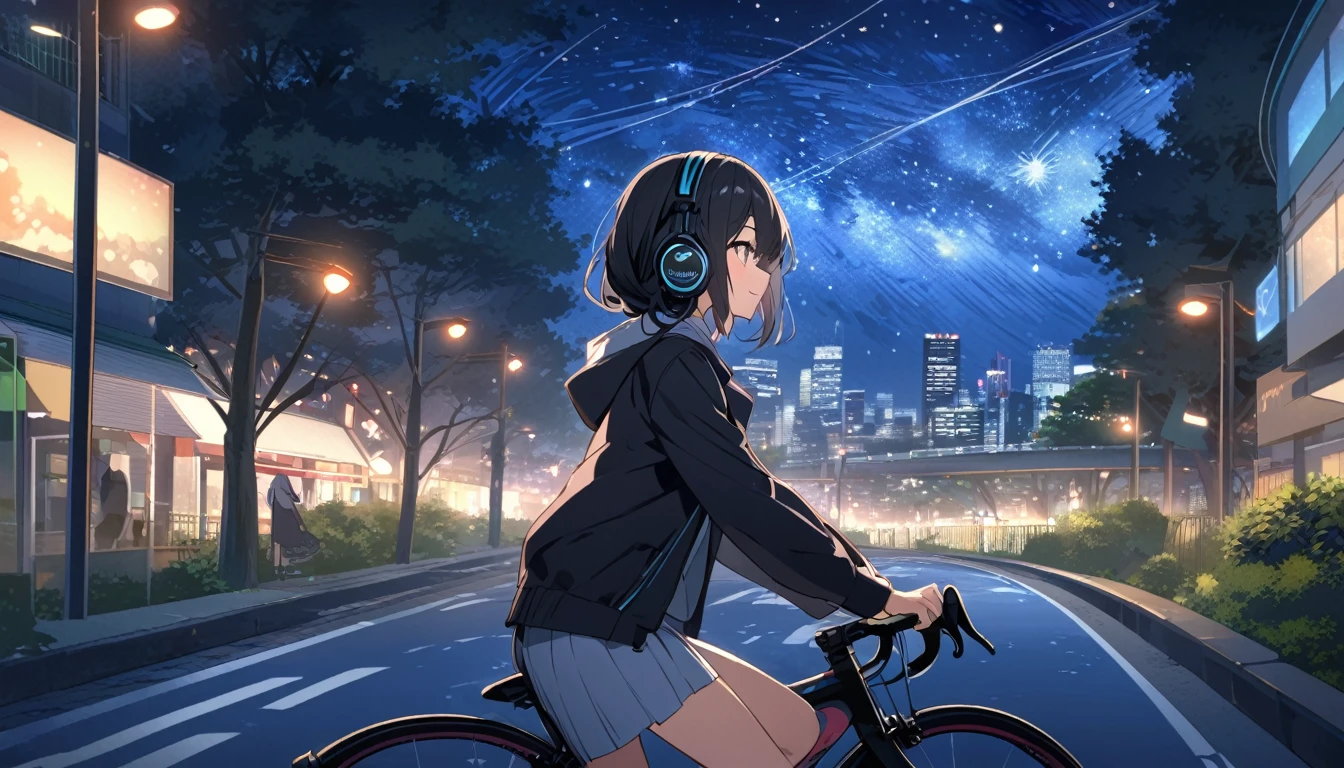 a beautiful young japanese woman with long black hair cycling through a park in tokyo at night, starry night sky, cityscape, listening to music