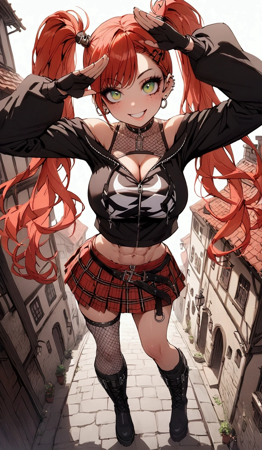 woman, grin, curly red hair in pig tails, green eyes, black eyeshadow, wearing crop top black shirt, black oversized zip up hoodie, red plaid skirt, black knee high boots, black fingerless gloves, exposed shoulders, large breasts, freckles, abs, cleavage, looking up at viewer, masterpiece, best quality, Holo-Punk Style, saluting, china town, make up, eyelashes, fish net undershirt, fish net stockings, (full body)