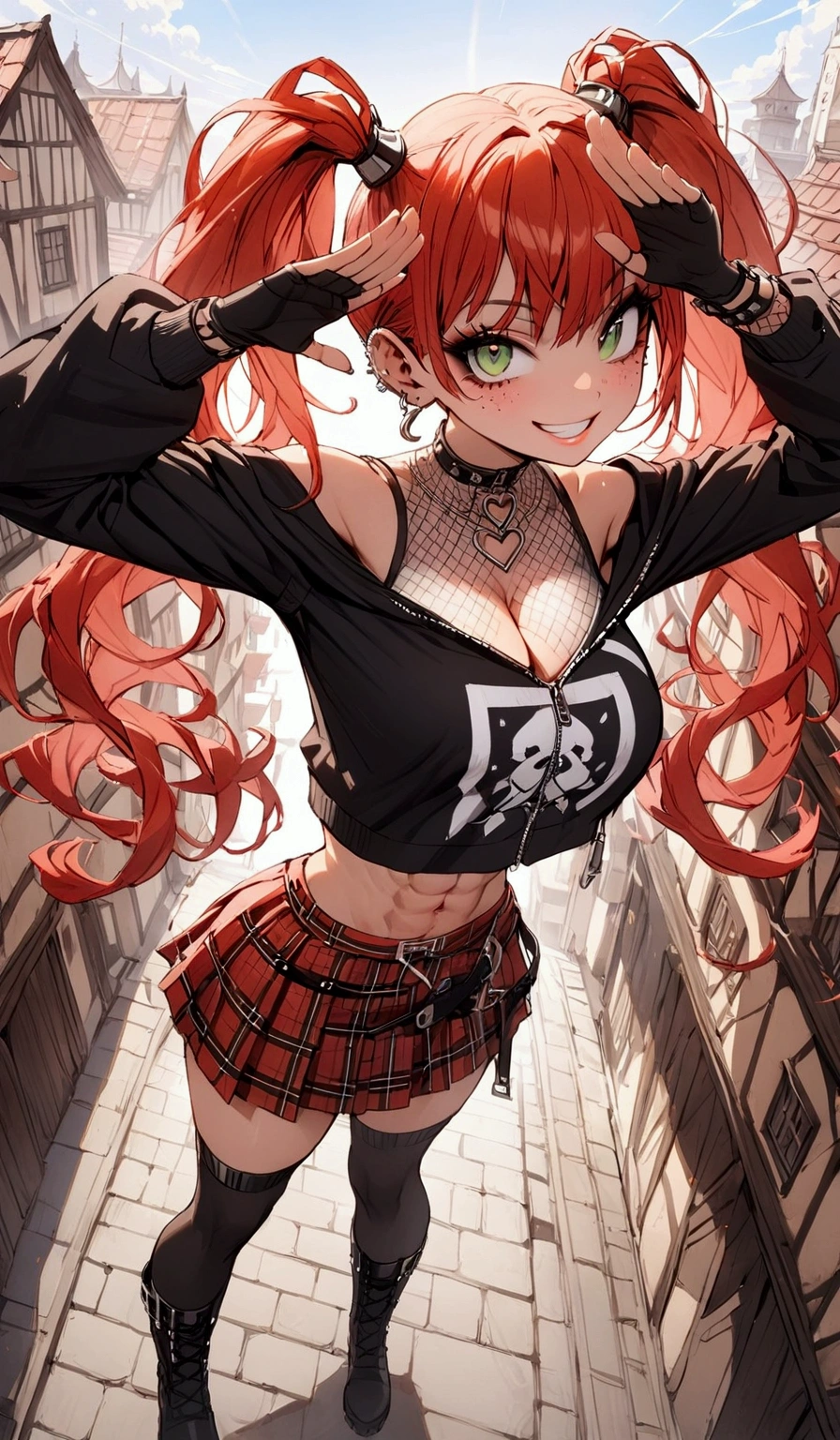 woman, grin, curly black and red hair in pig tails, green eyes, black eyeshadow, wearing crop top black shirt, black jacket, red plaid skirt, black knee high boots, black fingerless gloves, exposed shoulders, large breasts, freckles, abs, cleavage, looking up at viewer, masterpiece, best quality, Holo-Punk Style, dancing on stage, make up, eyelashes, fish net undershirt, fish net stockings, (full body)