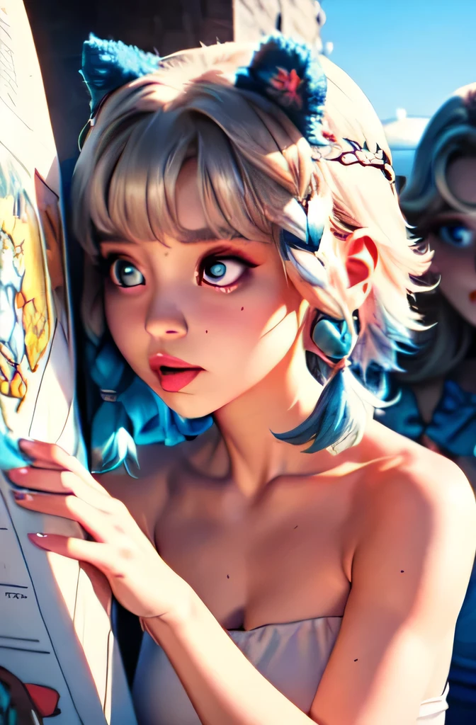 front，comics，illustration，，big eyes，crystal clear，（(blue hair))，extra long hair：1.7），Exquisite makeup，Shut up，（Little fresh：1.5），（Tube Top：1.6)