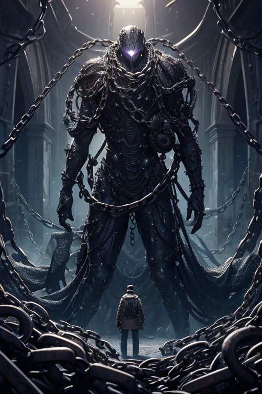 Chain monster, amorphous chain of monstrous colors ,chain creature with chains
masterpiece,Highest quality,8k,High resolution,
Fantastic,scary,horrific,
Please draw an eldritch human monster wrapped in chains from H.P. Lovecraft. shapeshifting monster of viscous chains that is chained chain with chains. chain man in the alien chains of madness, man is chained. dark green cloudy sky, madness of chains, chain bubbling and pulsating. People covered by the chains. Monster chain.