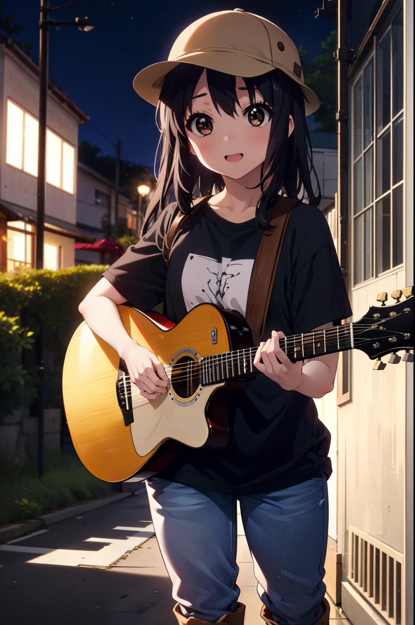 meet, Azusa Nakano, Black Hair, (Brown eyes:1.5),Long Hair,Baseball hats,Oversized T-shirt,jeans,short boots,Instrument playing, Stage Performance, hot air,Happy atmosphere,スタンドマイクの前でguitarをを弾きながら熱唱,guitar(Red Mustang),On the forehead,Singing with your mouth open,smile,Street Performance,night,moonlight,whole bodyがイラストに入るように,
break outdoors, Building district,
break looking at viewer, whole body,
break (masterpiece:1.2), Highest quality, High resolution, unity 8k wallpaper, (figure:0.8), (Beautiful attention to detail:1.6), Highly detailed face, Perfect lighting, Highly detailed CG, (Perfect hands, Perfect Anatomy),