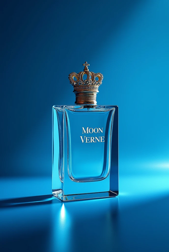 (photorealism:1.2), perfume bottle, brand moon verne, royalty, blue, crown on the cover, rectangle