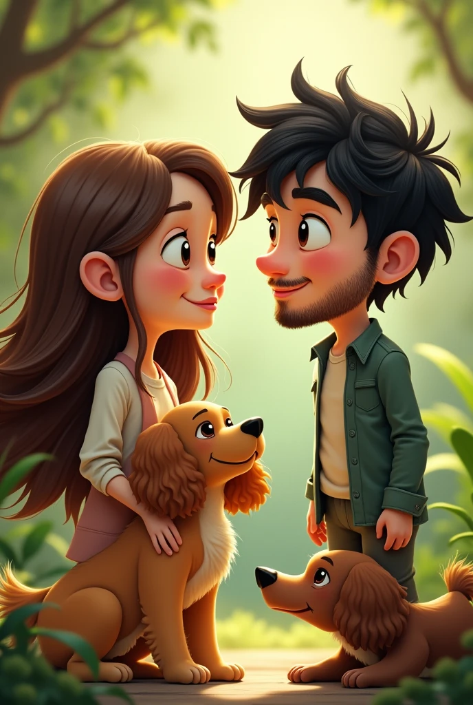 Long brown haired woman with a cocker spaniel and a man with messy black hair and no facial hair with a Pincher at his side