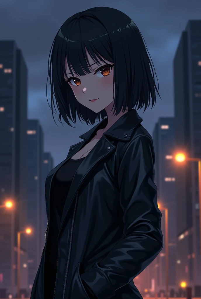 make me an anime character genre:female skin:white hair: black background:city at night pose:waving with mischievous eyes clothes:black jacket Only half of the body can be seen And the character can be seen much more than the city Brown eyes