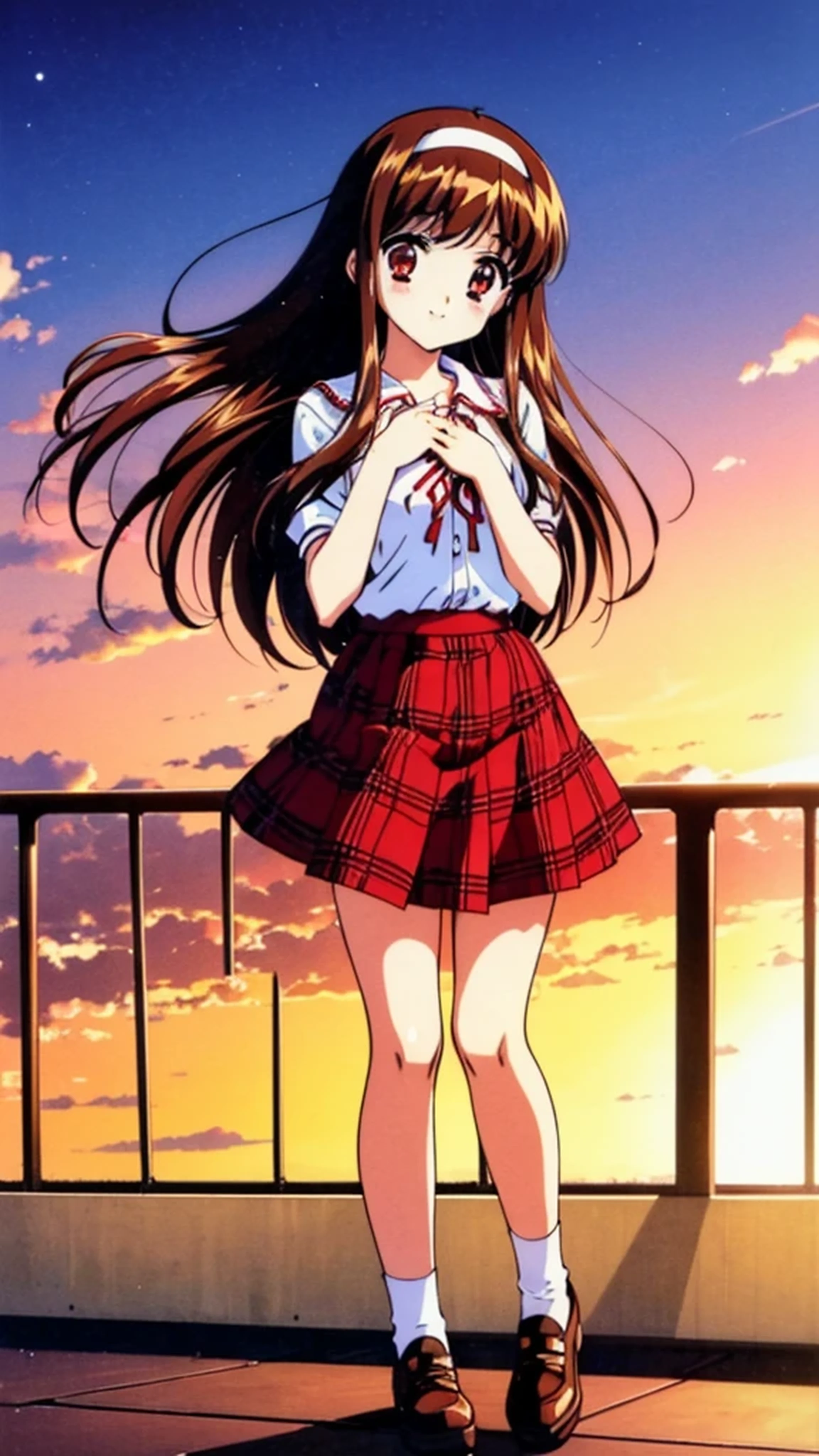 Yuki Mizuho, One person, a woman, Long Hair, hair band, Brown Hair, Red eyes, skirt, Red eyes, Plaid, Striped, ribbon, Plaid skirt,  shoes下,  shoes, retro artstyle, red skirt masterpiece, 1990s (style), expensive quality, very_expensive_solve, big_file size, Full Color, blush, Cute Smile Open your mouth, Are standing,(Winter Night、With the sunset and the fence behind、Receiving a confession on the school rooftop。I got closest to that smile:1.1), (Place your hands on your chest:1.3), Two Arms, (cinematic angle:1.1),