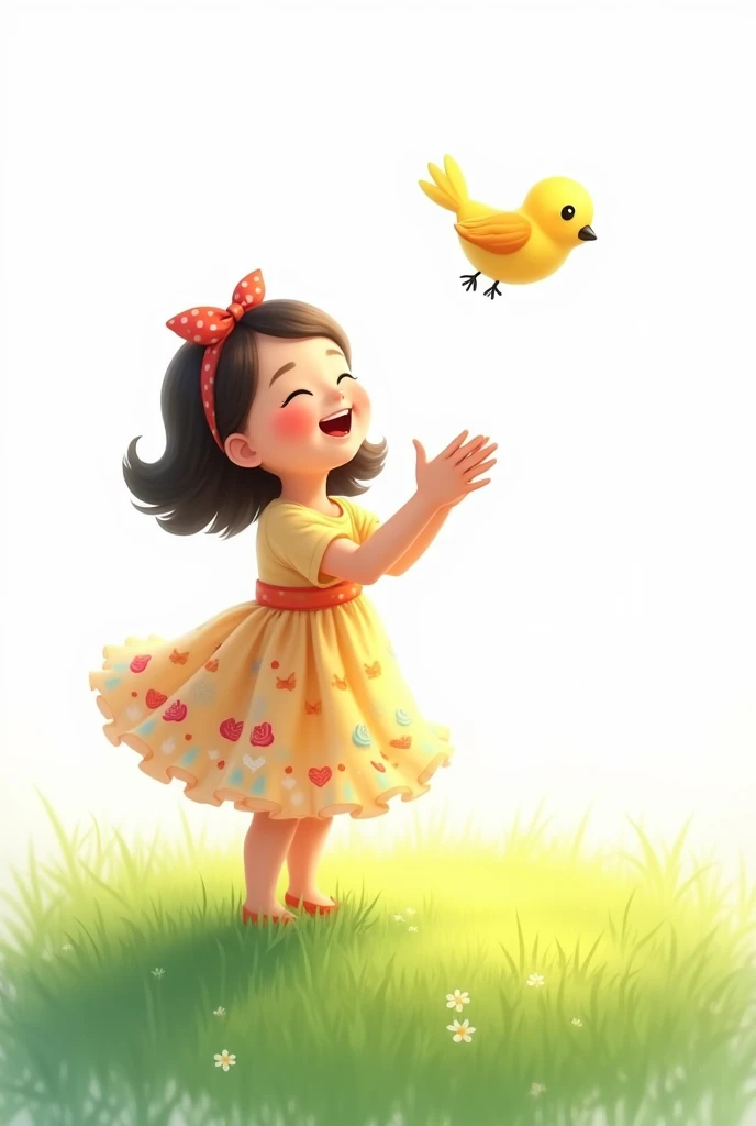 white background,cute liitle girl standing on grass,rais her hands to little bird,little bird flying,cute colorful frock wearing girl,smilling face