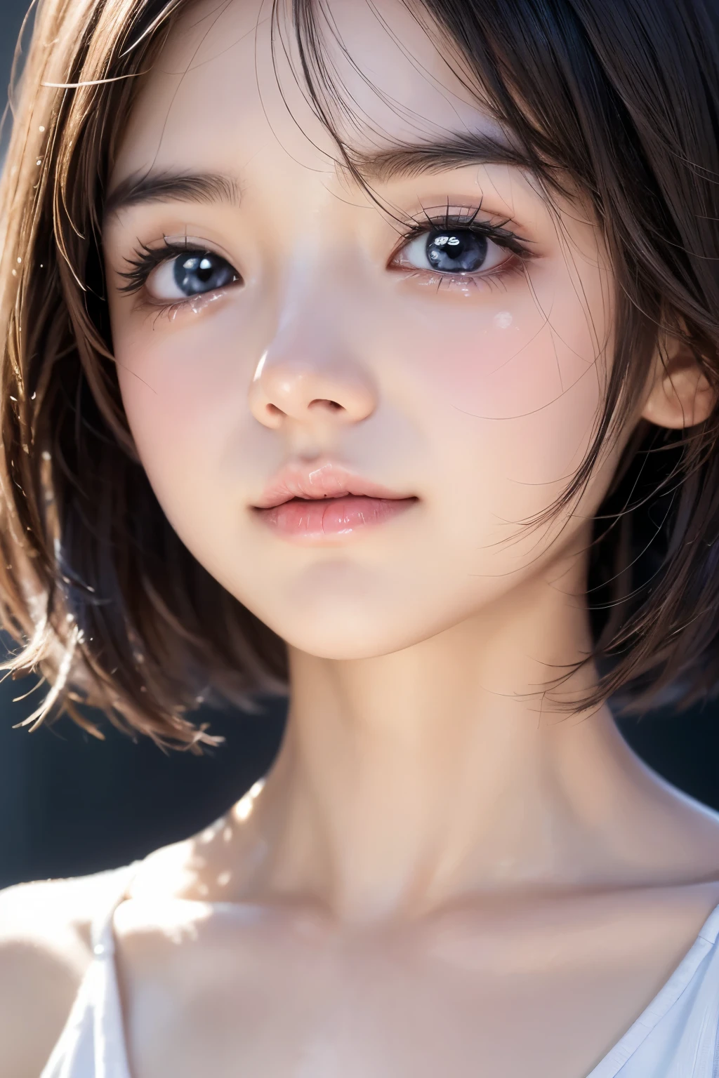 (cry)、Cute Girl、Highly detailed face、Attention to detail、double eyelid、Beautiful thin nose、Sharp focus:1.2、beauty:1.4、(short hair)、Pure white skin、Highest quality、masterpiece、Ultra-high resolution、(Realistic:1.4)、Highly detailed and professional lighting、blush、squat、Slightly shiny skin、Small breasts