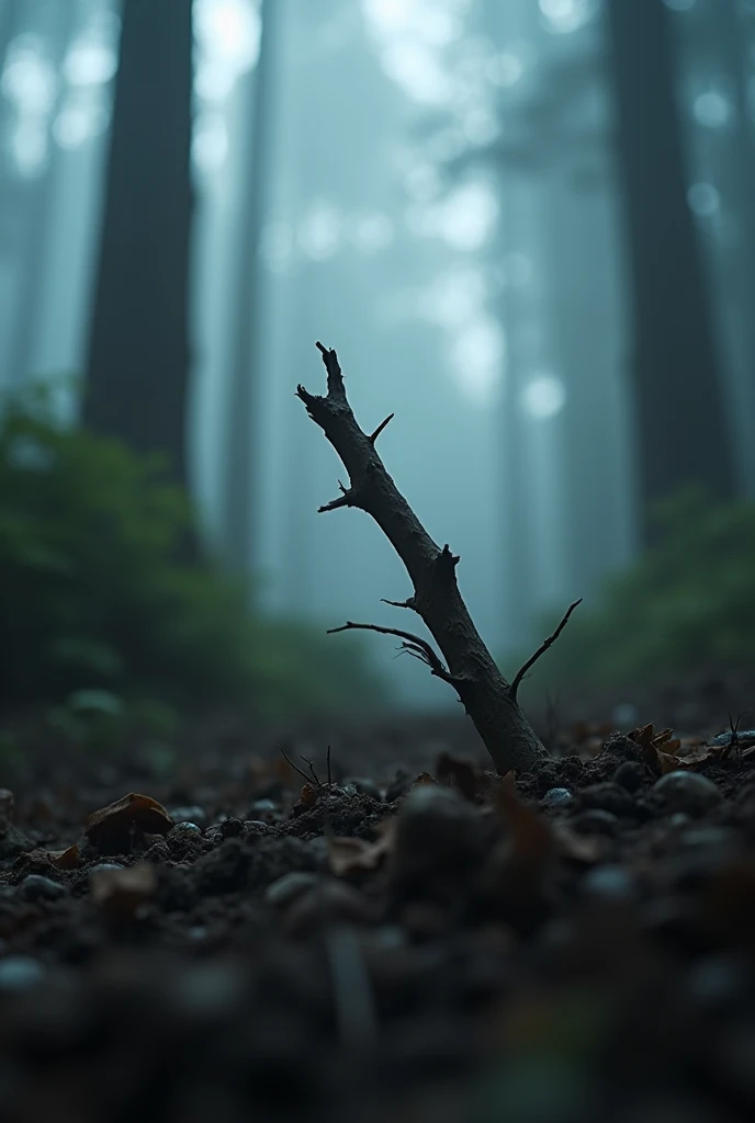 A dramatic close-up of a twig on the ground snapping, the sound echoing through the silent forest. The focus is on the broken twig, with the surrounding area slightly blurred to emphasize the suddenness of the noise. The fog swirls around, and there’s a sense of something lurking just out of sight.