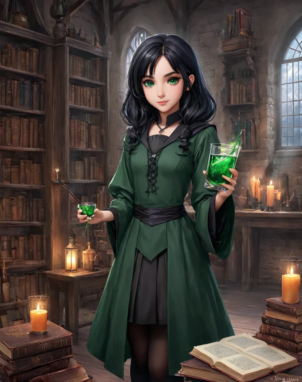 a The daughter of Severus Snape, (((11years old))), holding a glass of liquid and a book, alchemist girl, she is in the potions workshop, glamor anime witch casting magic, anime moe art style, anime drinks energy drink, anime look of a beautiful girl, black hair wizard, green eyes ,I'm going to make fanart too, casting a spell on a potion, female protagonist 👀 :8, anime young man ( witch outfit with long skirt, black hair tied into a side ponytail that falls to the shoulder. ((whole body)), Model Sheet, perfil