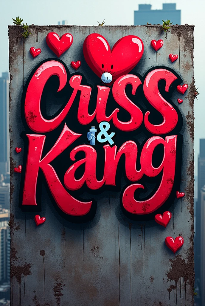 Make a graffiti image with black and red colors with the name Criss and Kanng with hearts