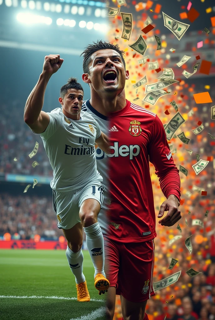A split-screen image highlighting the contrasting styles of Cristiano Ronaldo and MrBeast. On the left, Ronaldo is performing an iconic goal celebration in front of a packed stadium, while on the right, MrBeast is surrounded by challenge obstacles, colorful props, and dollar bills flying around. The middle of the image blends the two worlds, suggesting a thrilling crossover