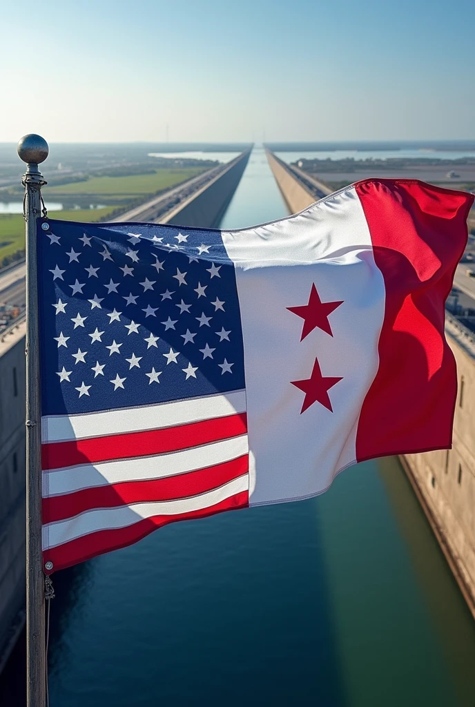 The us flag and Panama flag combined with the panama canal in the background 
