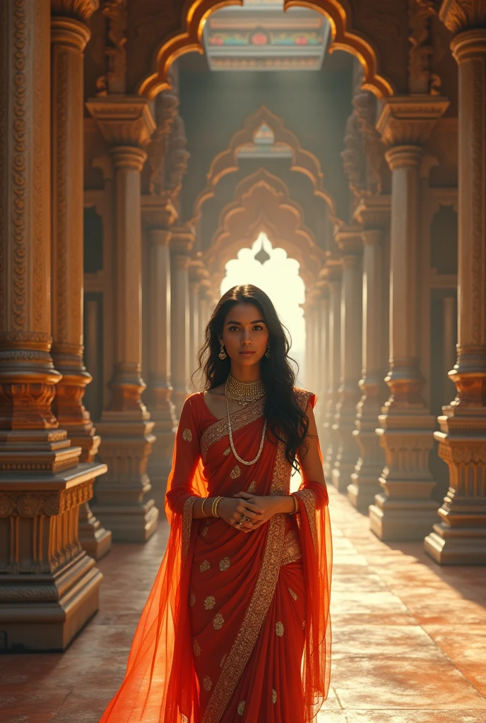 A single Indian 2 girl with long hair wearing saree in outside the temple