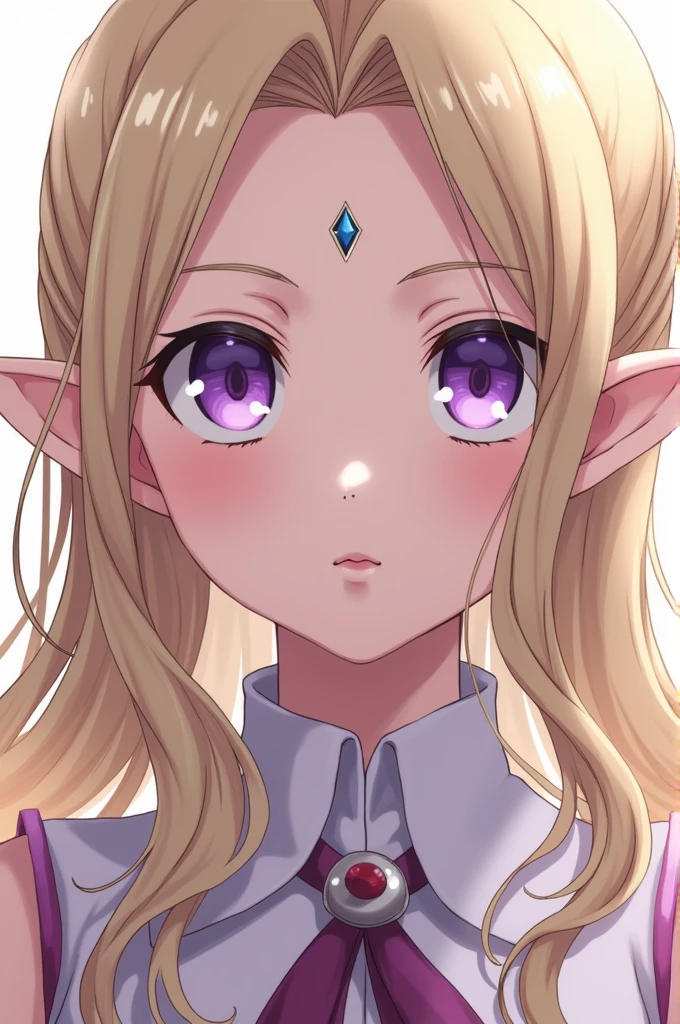 Lucy heartfilia from fairytail with lavender eyes, platinum blong hair but long, and elf ears with a smal diamond shaped gem on her forehead in the middle