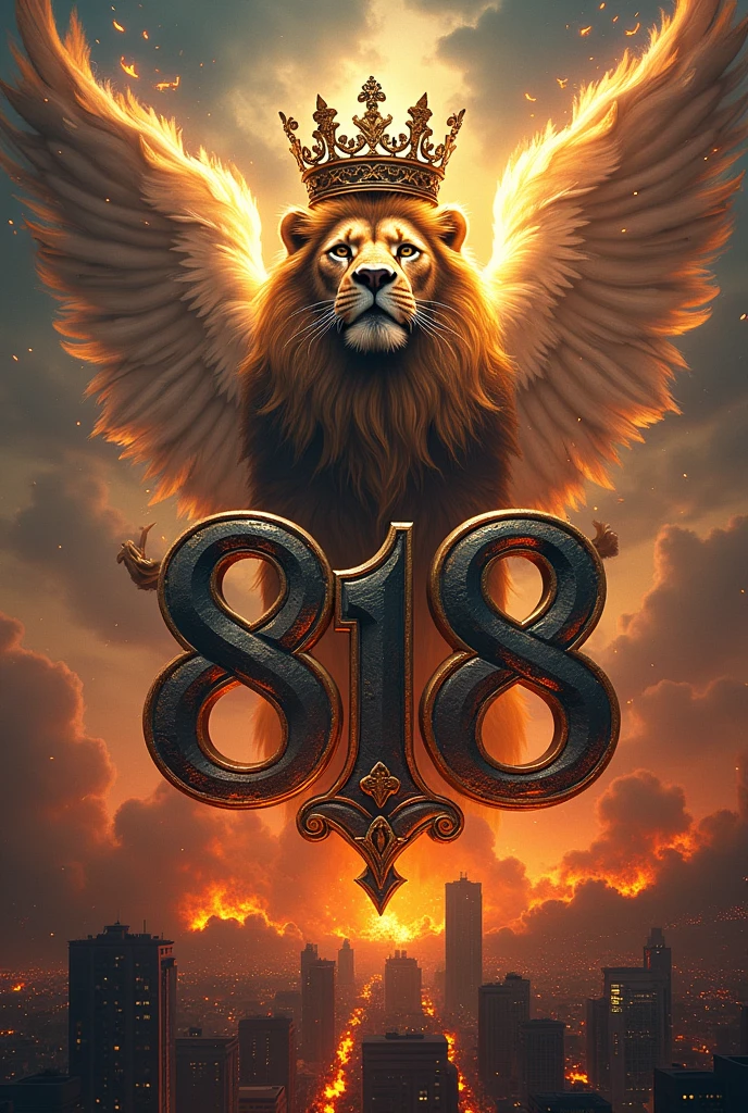 Luxury letters " CREEPER 818 " WITH A LION AND A CRONW ON IT ". Heaven and earth behind it with. "Angels" and "Demons" fights with guns and Los Angeles city is burning.