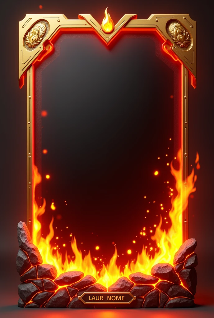 Create a 3D stylized card frame for a fire-themed character with a strong, bold structure that complements the character's fiery design. The frame should be sleek and modern, using deep red, fiery orange, and molten gold shades with glowing ember effects around the edges. Incorporate flame motifs at the top, metallic gold corners with a slight burnished texture, and wave-like patterns on the sides that resemble the flow of molten lava. The bottom section should feature a molten rock texture with glowing cracks and engraved fire symbols. Add a nameplate at the bottom, designed to look like a glowing ember, with the text in a bold, fiery font that stands out against the molten background. Ensure the frame has transparent sections to blend with the background and fits the character perfectly without obstructing key details, leaving space for text or stats at the bottom.