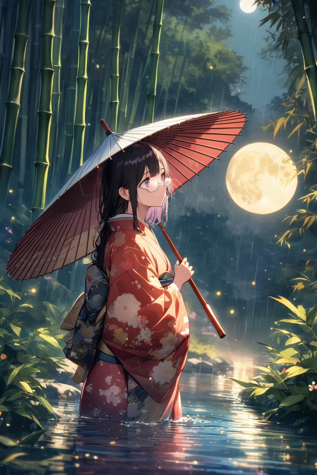 (extremely detailed fine touch:1.3), Vibrant colors, Soft tones, With warm and gentle lighting, (((silver semi-rimless eyewear:1.3))), girl, solo, full body, (ancient Japanese noble, beautiful kimono, beautiful long black hair), glowing hair, looking up at the moon, (pearl white moon:1.3), holding an Japanese umbrella, splash of water, fireflies flying around, bamboo leaves are placed three-dimensionally in the foreground, shining through rainwater, bamboo grove of japan,